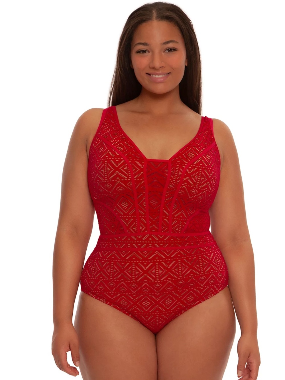Becca ETC Red Color Play Crochet Plunge Swimsuit 1X 16 - 18 New